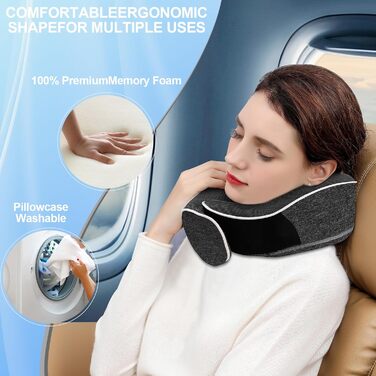 Подушка для шиї з піною Memory Foam, комплект з маскою для очей, навушниками та чохлом, ергономічна, для подорожей (темно-сіра)