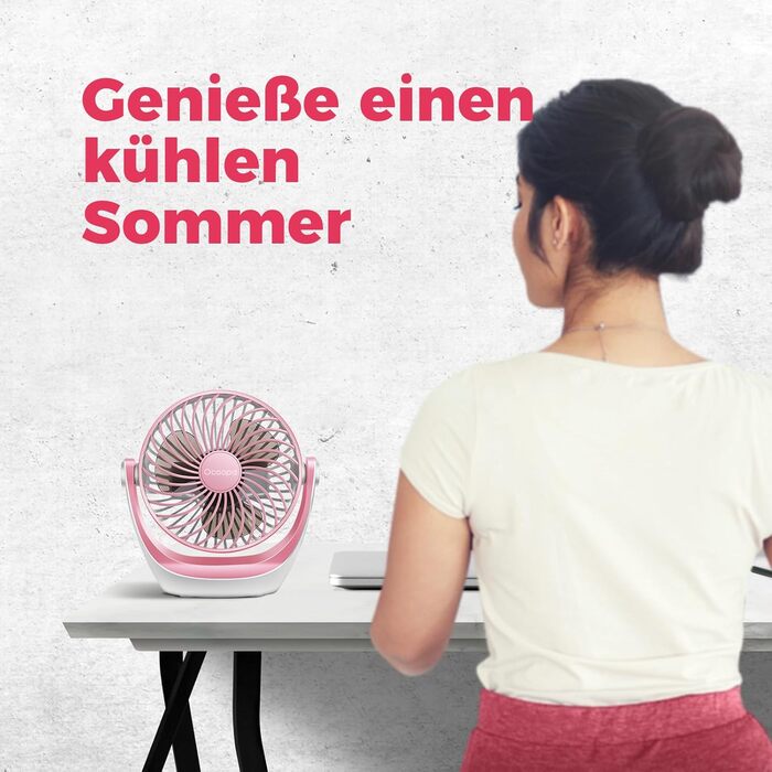 USB вентилятор OCOOPA: компактний настільний вентилятор з потужним потоком повітря та тихим режимом. 3 швидкості, 360° обертання, портативний для офісу, дому та відпочинку на природі (рожевий)