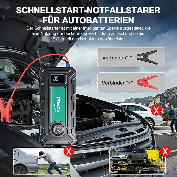 Бустер для автомобіля 7000A Jump Starter Powerbank 12V для бензинових (до 8л) та дизельних (до 6.5л) двигунів з LED-ліхтарем та набором аксесуарів (Блакитно-зелений)