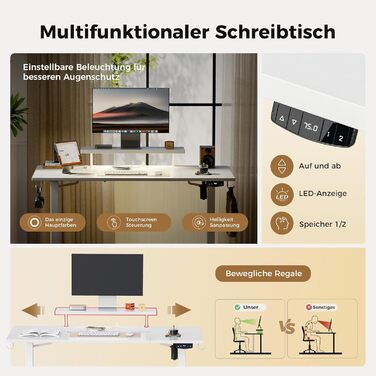 Електричний регульований стіл Agilestic з підсвічуванням, USB-портом та мобільним кріпленням для монітора, 120 x 80 см (Білий)