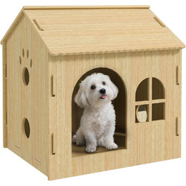 PawHut Indoor Pet House with Window - Wooden Dog & Cat Bed, No-Screw Assembly, Small Pets Up to 4kg, Oak Finish