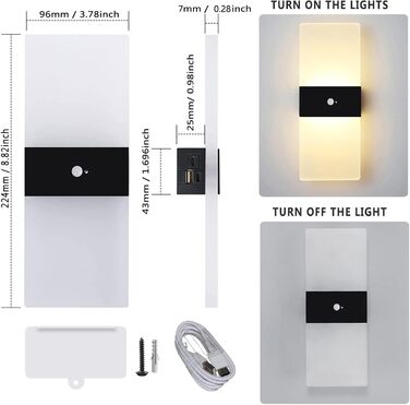 LED-лампа на батарейках VOMI з датчиком руху для дому, акрил, USB-зарядка, 4000mAh, для коридору та сходищ, 2 штуки, тепле світло (сенсор 3000k)