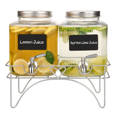 2 шт. диспенсер для напоїв на 4.5 л зі скляним краном, широка горловина, диспенсер для напоїв, підставка та нержавіюча сталь - для вечірок, коктейлів, соку, води та напоїв 4.5 л, 2 шт.