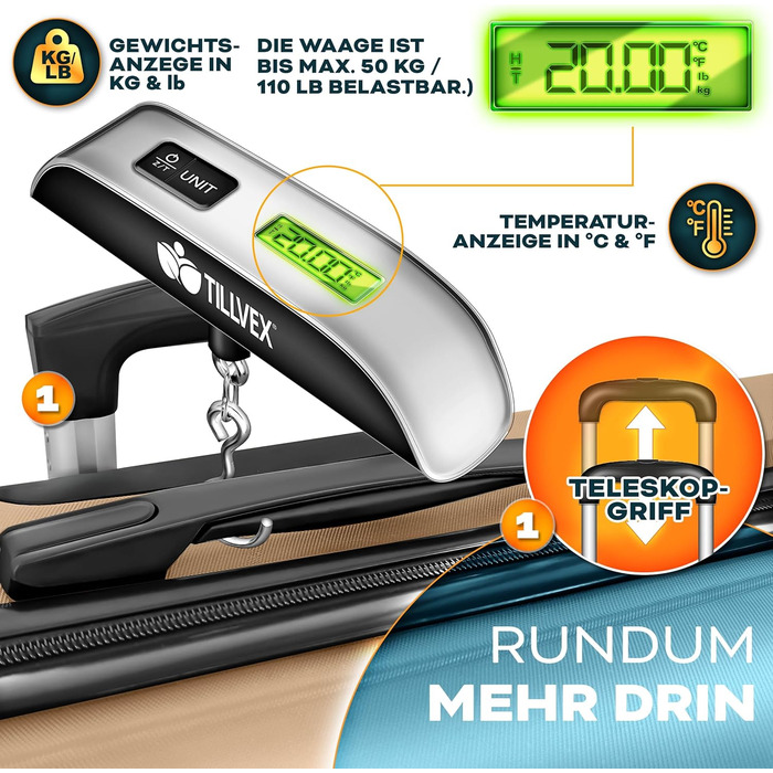 Набір валіз Tillvex® 4 шт. (S-M-L-XL) + ваги для багажу, 8 ременів та 4 бірки | Валізи на 4 колесах з TSA замком | Набір валіз з міцного пластику, колір шампань