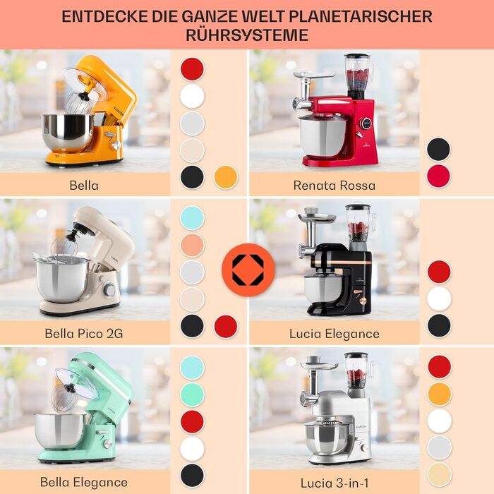 Klarstein Stand Mixer, dough mixer with 5L bowl, 1800W professional stand mixer with dough hook and whisk, universal kitchen machine with 6 speeds, dough machine for stirring, kneading and whipping