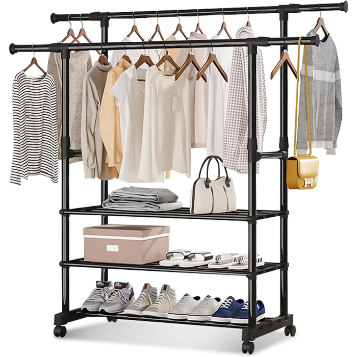 MONKLE - Clothes Rack, Garment Rack, Rolling Garment Rack, Stable Clothes Rack with 3 Storage Shelves, Extendable Double Clothes Rail