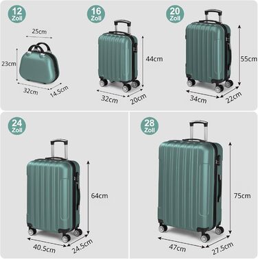 Набір валіз LEADZM 5 шт. з косметичкою, жорсткий ролер ABS з телескопічною ручкою, ручна поклажа (Турквіс)