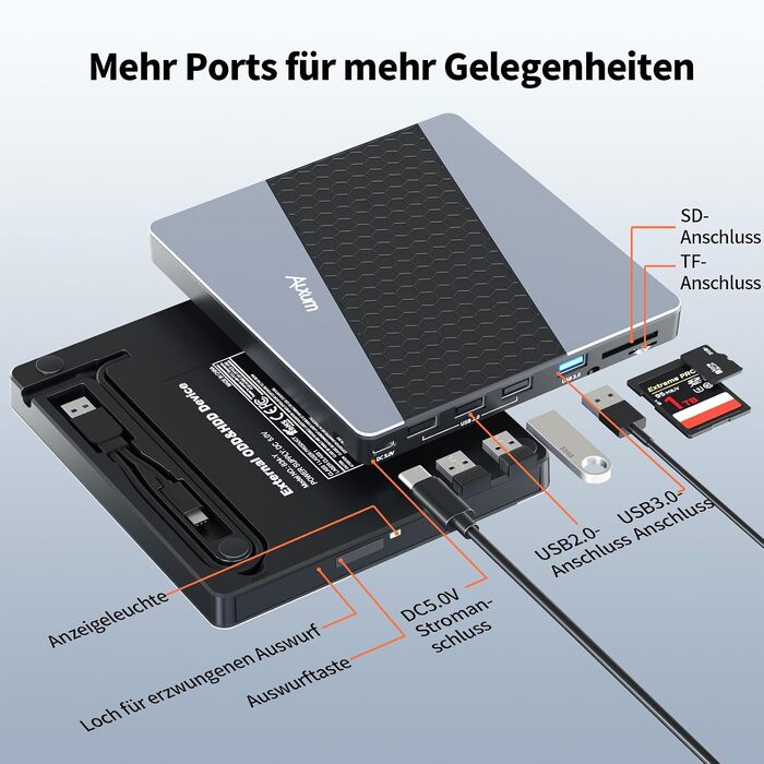 Зовнішній USB 3.0 CD/DVD-записувач Alxum з картридером SD/TF та додатковим USB-портом, Plug & Play для Windows, Linux, Mac OS, T039A