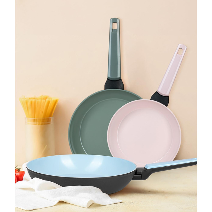 Набір сковорідок Genius Cerafit Trend Pastell Edition (3 шт.): 20 см, 24 см, 28 см. Покриття Cerafit, підходить для індукції, для смаження м'яса, овочів, панкейків та крепів.