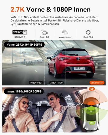 Автомобільний відеореєстратор VANTRUE N2X 2.7K+1080P, подвійна камера, HDR нічне бачення, GPS, Wi-Fi 5ГГц, додаток, голосове керування, 2'' екран, 24/7 паркувальний режим, G-сенсор, до 1ТБ