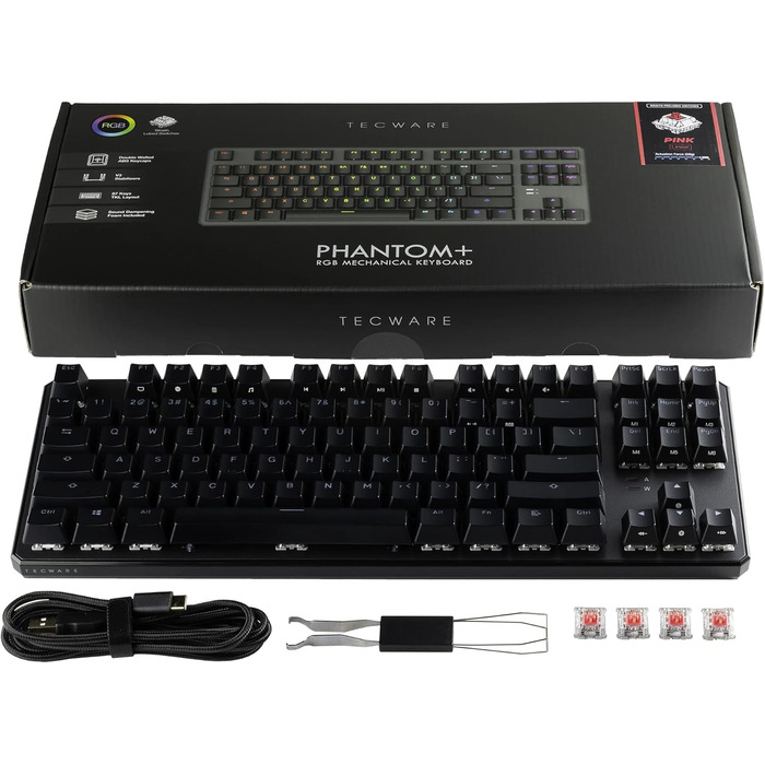Механічна клавіатура TECWARE Phantom+ 87 клавіш RGB (Чорна) з перемикачами Wraith Red (лінійні, 45g)