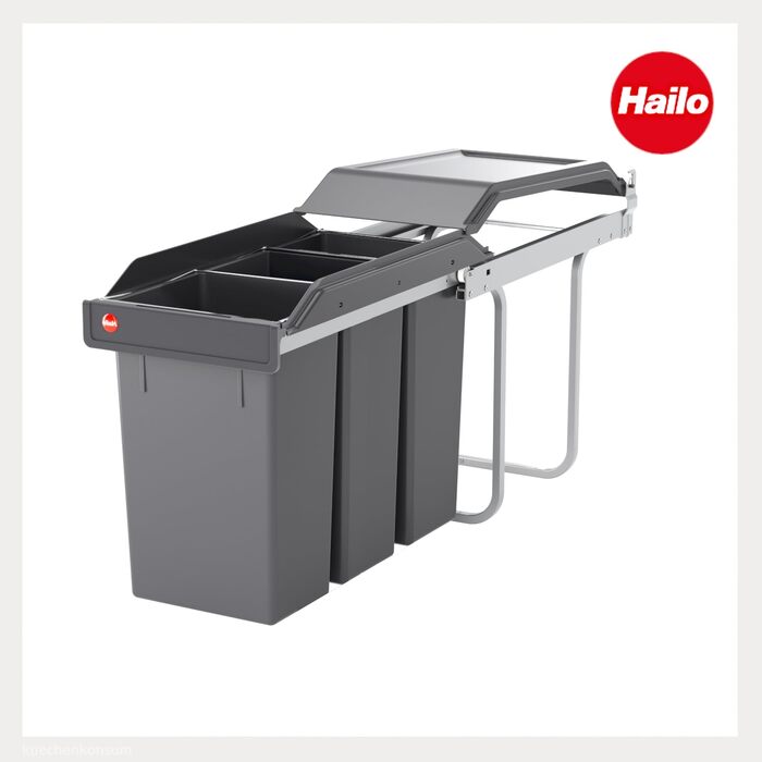 Відро для сміття Hailo Tandem 3650103 (2 секції) з мішками (50 шт.) для кухонних шаф (від 300 мм) з висувною ручкою, срібно-антрацитовий колір