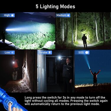 Ліхтар LED Blukar, перезарядна, надяскравий, з функцією зуму, 5 режимів, водонепроникний IP67, для кемпінгу та активного відпочинку (блакитний)