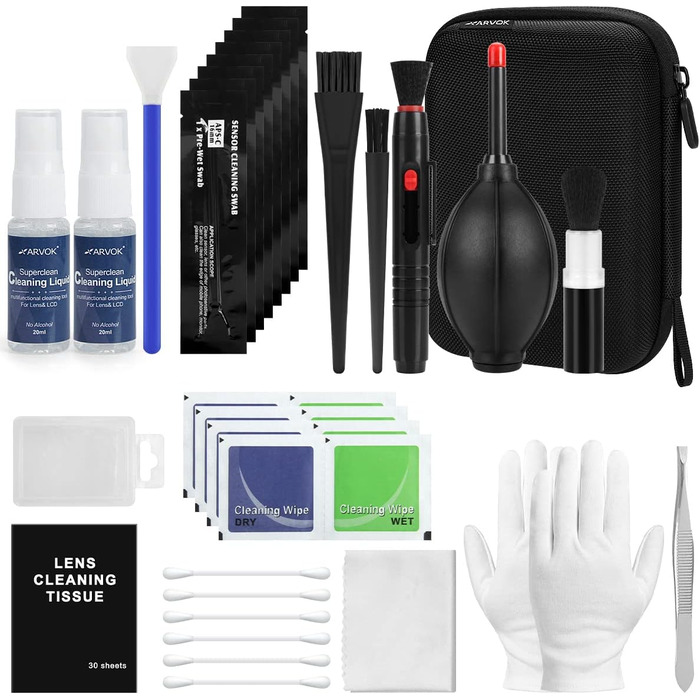 Набір для чищення камери ARVOK: 32 шт. для об'єктивів DSLR, смартфонів, з блоком продування, паличкою та стікером. Вологостійкий комплект.