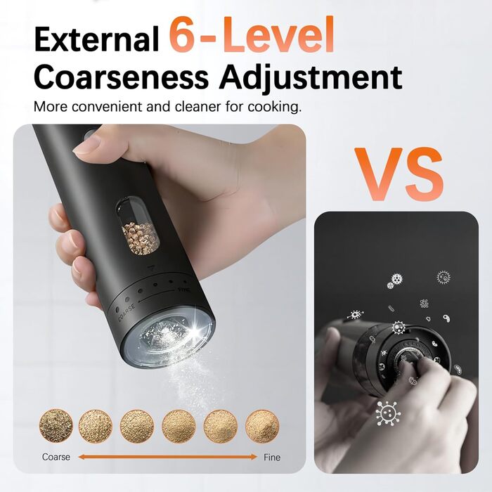 MERTTURM Electric Salt and Pepper Grinder Set with Stand, USB Rechargeable, Automatic Salt and Pepper Dispenser with Large Capacity, External Grind Adjustment for Kitchen (2-Piece Set)