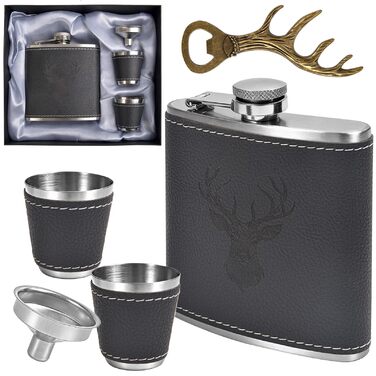 Фляга для чоловіків Jäger з гравіюванням оленя, 180 мл, нержавіюча сталь, комплект з 2 склянок, відкривачем, воронкою, кракею та шкіряним чохлом, аксесуар для полювання