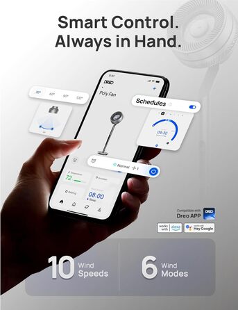 Dreo Smart Standventilator: розумний підлоговий вентилятор з регулюванням висоти, 10 швидкостей, тихий DC-двигун, 30.5 м³/хв, 120°+85° осциляція