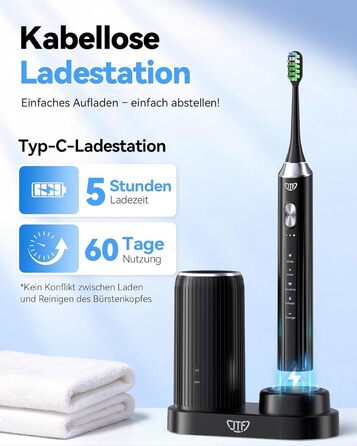 Електрична звукова зубна щітка JTF з УФ-дезінфекцією та сушінням, бездротова зарядка, 5 режимів чищення, 6 насадок, стаканчик для полоскання, акумуляторна для дому та подорожей (Чорна)