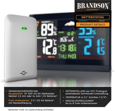 Brandson Weather Station with Color Display - with Outdoor Sensor - DCF Radio Clock Reception Signal - Indoor and Outdoor Temperature - Relative Air Pressure - Barometer - Temperature Trend – Light Sensor - LCD Display