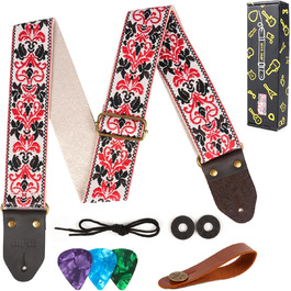 Гітарний ремінь Jacquard з вишитою бавовною та шкіряними кінцями для акустичної гітари (Gs-75-5, 5 метрів, червоний)