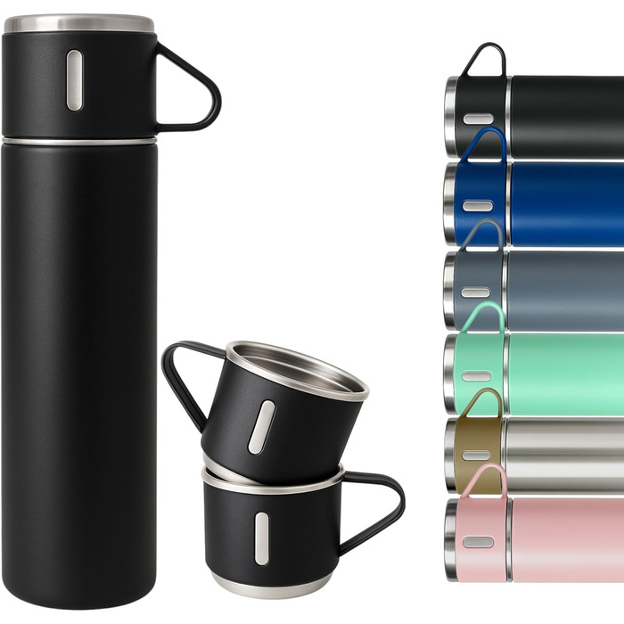 Термофляга 500 мл з нержавіючої сталі – 2 чашки з ручкою – без витоку, BPA-free – з щіткою для чищення – колір: чорний