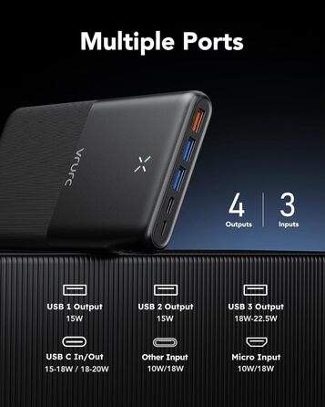 Power Bank VRURC 30000mAh 22.5W з 4 виходами та 3 входами: зарядний пристрій для iPhone, Huawei, планшетів (чорний)