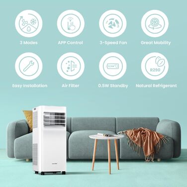 Мобільний кондиціонер Comfee Breezy Cool Pro 2.0, 7000 BTU (2.0kW), охолодження, вентиляція, осушення, керування через додаток, для кімнат до 68м³
