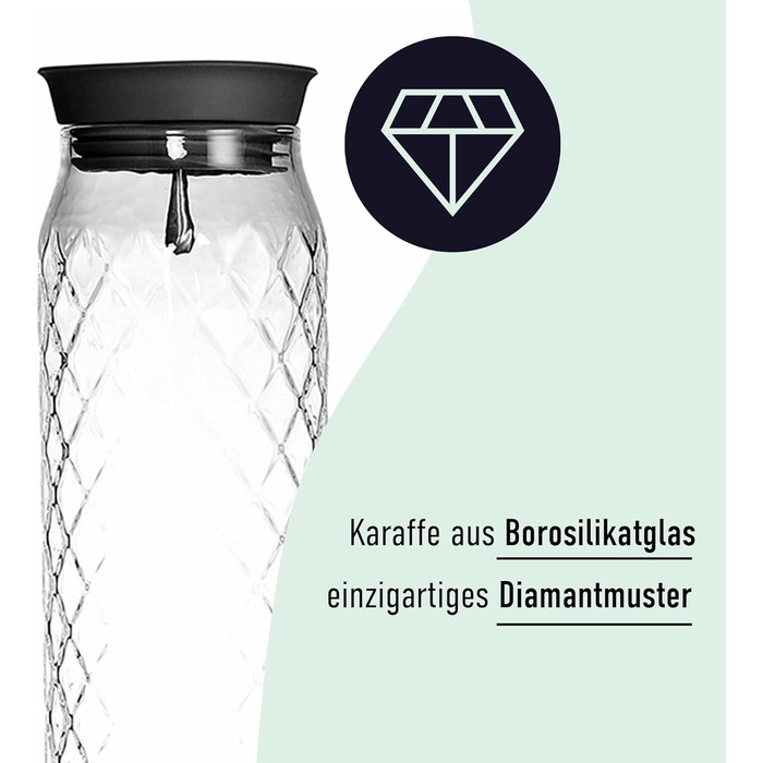 Glass water carafe, 1.2 Liter, glass carafe with lid, silicone lid, height 30.5cm Carafe