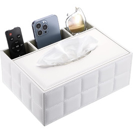 BTSKY Rectangular Tissue Box Holder made of PU Leather with Remote Control Pocket – Desk Tissue Holder, Organizer, Storage Box, Holder, Remote Control Container, White