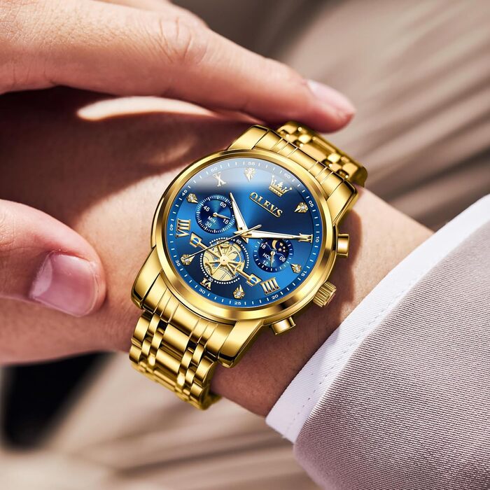Годинник чоловічий OLEVS з металевим ремінцем, кварцовий, з місячною фазою, хронограф, водостійкий (2856 Blue / Gold)