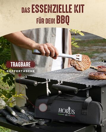 HORUS 23 Набір аксесуарів для гриля – 4 предметний набір: щипці, лопатка, виделка та термостійкий рукавичка
