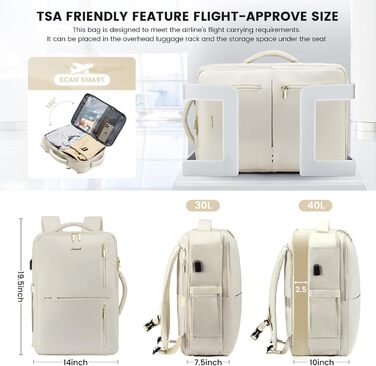 LOVEVOOK Рюкзак для жінок великий з відділенням для взуття, водовідштовхувальним відділенням та відділенням для ноутбука 17 дюймів, рюкзак для чоловіків, розширюваний ручний багаж, бізнес 30-40л для подорожей, відпочинку, походів, (Бежевий, 18 дюймів(Стан