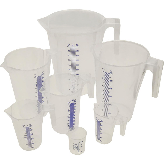 Professional Quality Measuring Cup Set, 7-Piece, 0.1/0.25/0.5/1/2/3/5 Liters, Shatterproof, Heat-Resistant, Acid-Resistant, Food-Grade, for Household, Laboratory, Workshop
