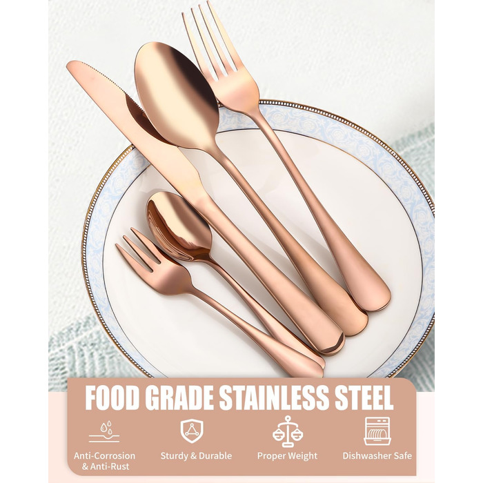 12-Person Cutlery Set, 60-Piece Gold Cutlery, High-Gloss Polished and Dishwasher Safe, Elegant Gold Cutlery, with Knife, Fork, and Spoon, for Home, Party, Restaurant (Gold Rose)
