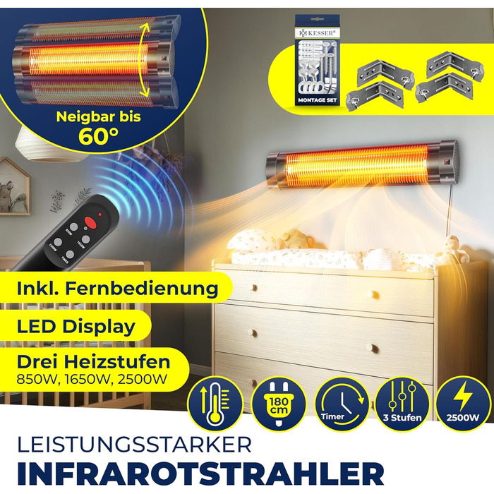 Інфрачервовий обігрівач KESSER® 2500W з пультом керування, 3 режими, миттєвий нагрів, кріплення на стіну, для тераси, кварцовий, з захисним чохлом, таймер, антрацит
