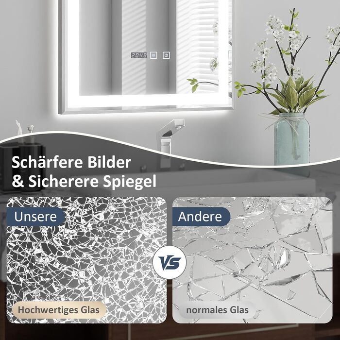 Дзеркало YOURLITE з підсвічуванням 70x50 см, LED дзеркало для ванної кімнати з годинником, сенсорне керування, 3 кольори світла, регулювання яскравості, антизапарник, пам'ять, срібний