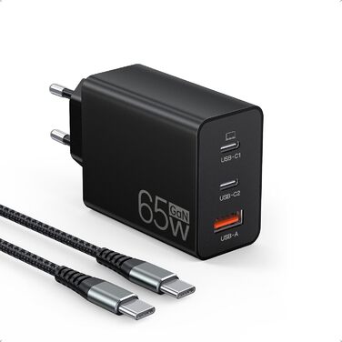 Зарядний пристрій USB-C 65W з 3 портами, чорний. Швидка зарядка для MacBook, iPhone, Switch, Galaxy, Tablet, Laptop