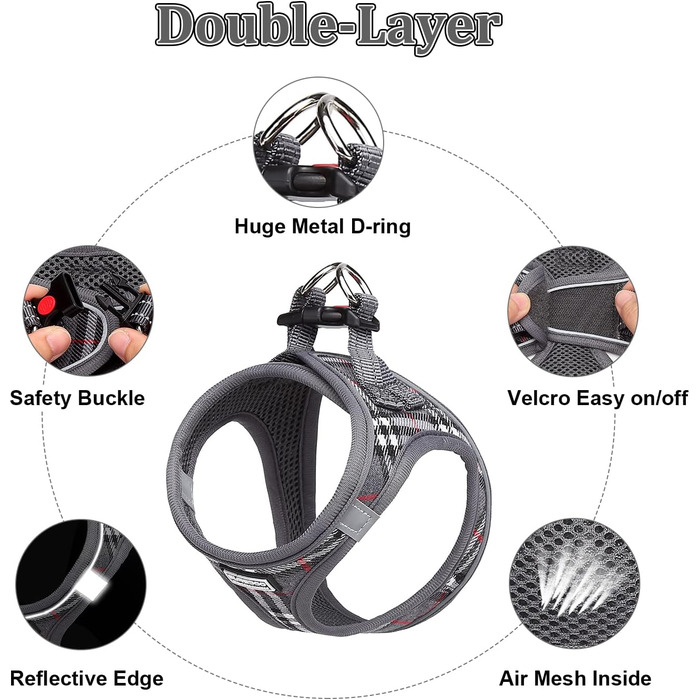 Шлейка для собак Suredoo, маленькі та середні породи, анти-тяга, світловідбиваюча, дихаюча, для цуценят (M, 34-39см; XL, 46-53см, 8-10.5кг), сіра в клітинку