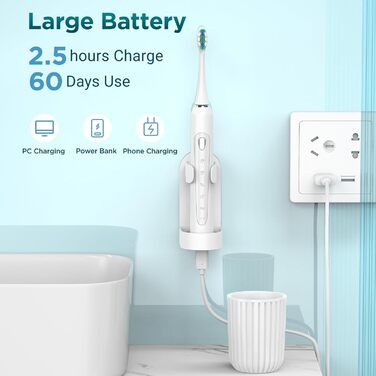 Електрична зубна щітка звукова для дорослих та дітей з 5 режимами, кейсом для подорожей, 8 насадками, акумулятором 60 днів, таймером (Теплий білий)