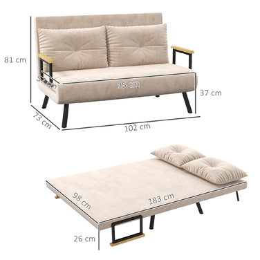 HOMCOM Sleeper Sofa, Recliner with Bed Function, Fold-Out Sofa, Back Cushion, Upholstered Sofa with Adjustable Backrest, Beige, 102 x 73 x 81 cm | Aosom