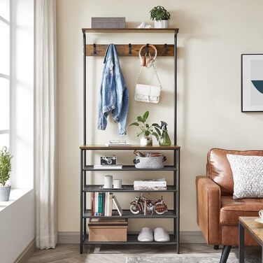 VASAGLE Coat Rack, Clothes Rack, Shoe Shelf, Coat Stand with 5 Double Hooks, 5 Levels, One Shelf on Top, for Apartments, Bedrooms, Hallways, Industrial Design, Vintage Brown-Black HSR408B01
