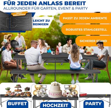 Складний стіл KESSER Buffettisch 183x76 см для кемпінгу, саду, тераси, балкону. Анодований алюміній, 6 осіб, з чохлом та ручкою для транспортування, антрацит
