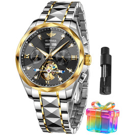 Чоловічий наручний годинник OLEVS G3316: аналоговий, водонепроникний, зі сталевим двоколірним ремінцем, чорним циферблатом, підсвічуванням та календарем