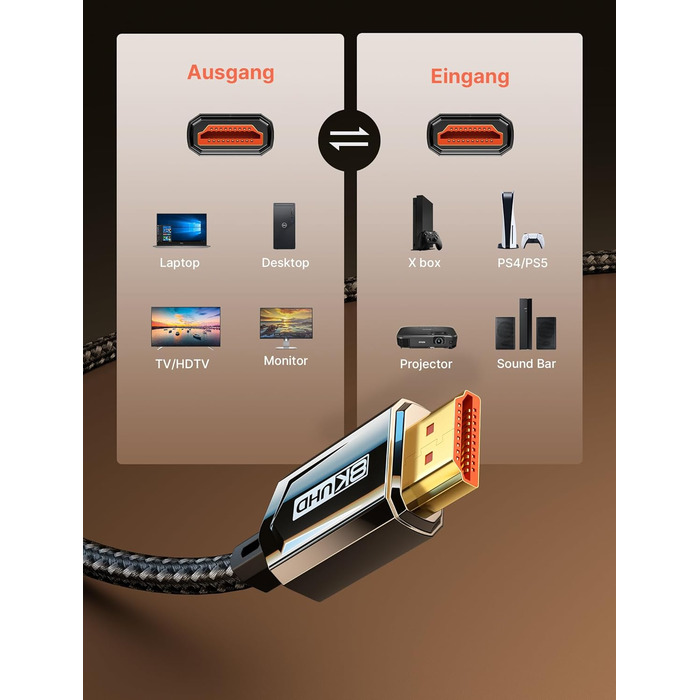 Кабель HDMI 8K JSAUX 5м, HDMI 2.1, Ultra High Speed 48Gbps, 8K@60Hz, 4K@120Hz, eARC, HDR10, HDCP 2.2/2.3, 3D, сумісний з PS5/PS4/X-Box/UHDTV/Blu-ray Player/Монітор, чорний