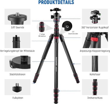 Штатив NEEWER 77' для камери, монопод, сумісний з DSLR та смартфоном, 360° кульковий голівкою, 2-осьова центральна колонка, QR-плита Arca, сумка, максимальне навантаження 15,4 кг, TP77 (карбоновий штатив з 2 осями)