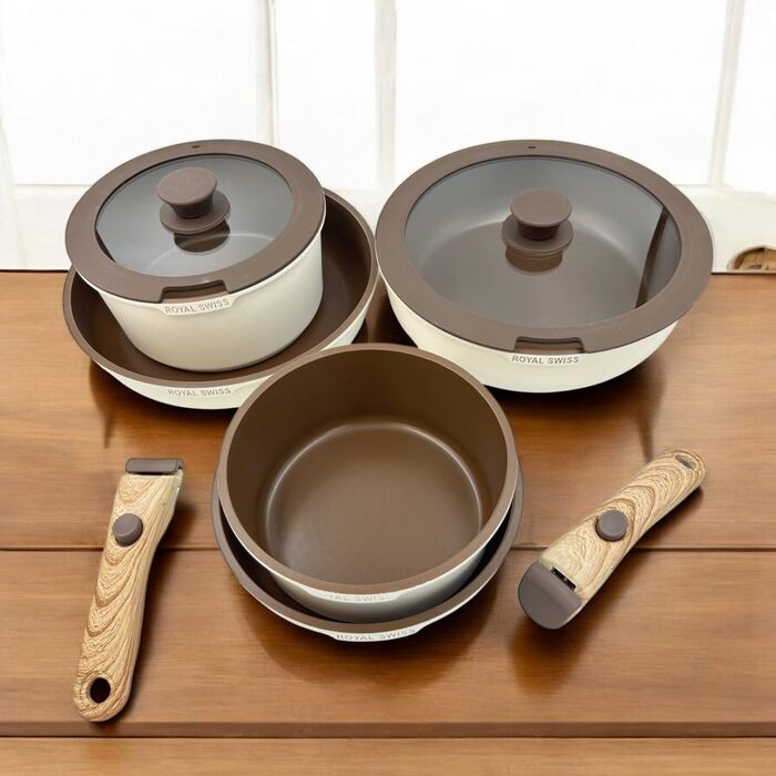 Набір посуду Royal Swiss 9-ти частинний з нержавіючої сталі, індукційний, з 2 ручками, для всіх плит - Бежевий Діамант (без PFOA, PFAS)