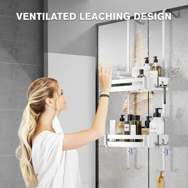 AIGOCITY Shower Shelf for Hanging Without Drilling for Glass Shower Doors, Silver, with 6 Hooks for Frameless Glass Door, Stainless Steel