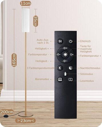 LED торшер Edishine для вітальні та спальні, 165 см, з пультом, диммування, 3 колірні температури (3000K-6000K), золото, E27