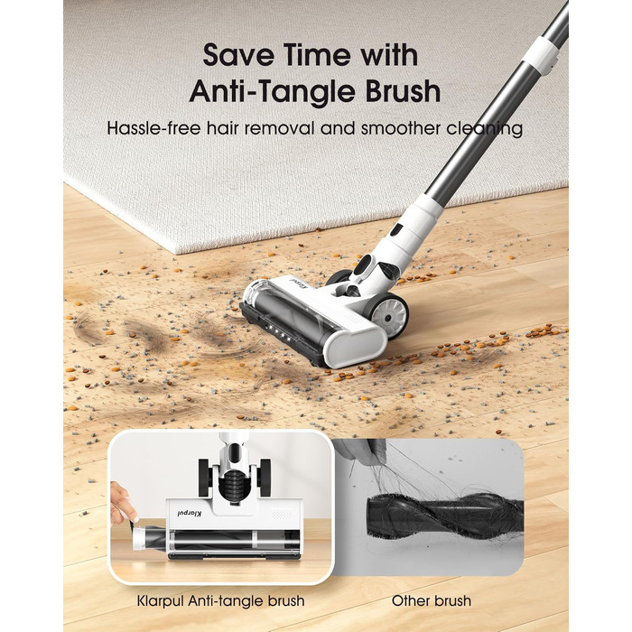 Бездротовий пилосос Klarpul 4800Pa з LED-дисплеєм та антизаплутувальною насадкою, 65 хвилин роботи, швидка зарядка 2 години, для твердих поверхонь та килимів, срібний