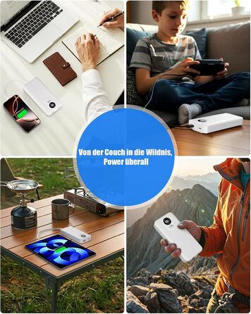 Power Bank 30000mAh з вбудованим кабелем: Швидка зарядка PD 22.5W, зовнішній акумулятор з великою ємністю, 4 виходи та 2 входи